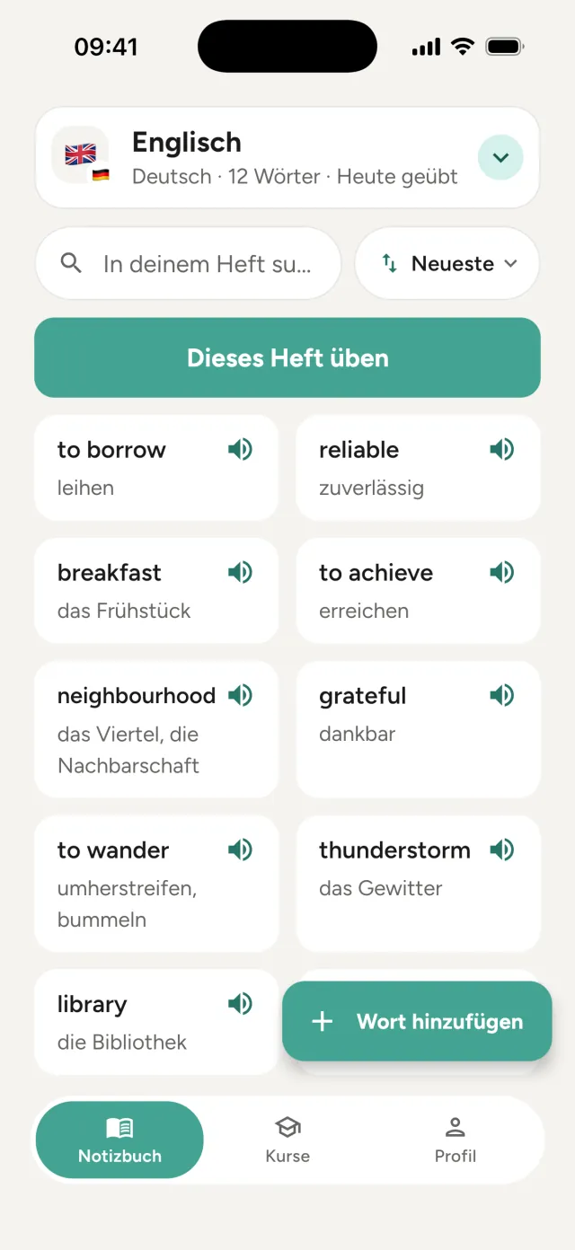 Vokabelheft mit einem Englisch-Heft: Wörter wie to borrow und reliable mit deutscher Bedeutung