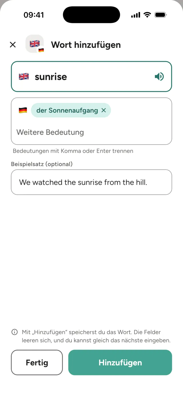 Fenster „Wort hinzufügen“ mit einem englischen Wort, zwei Bedeutungen und einem Beispielsatz