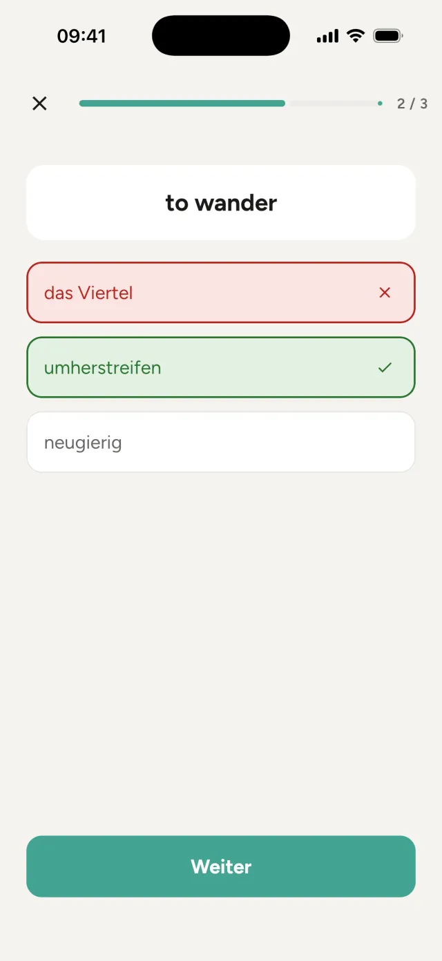 Quiz-Modus: Antwortmöglichkeiten, die richtige ist grün markiert