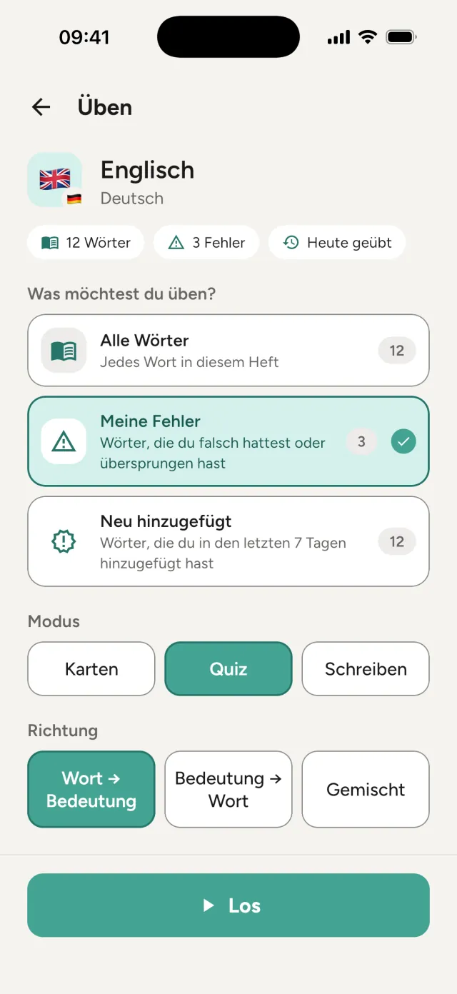Übungsauswahl mit der Liste „Meine Fehler“, Modus und Richtung
