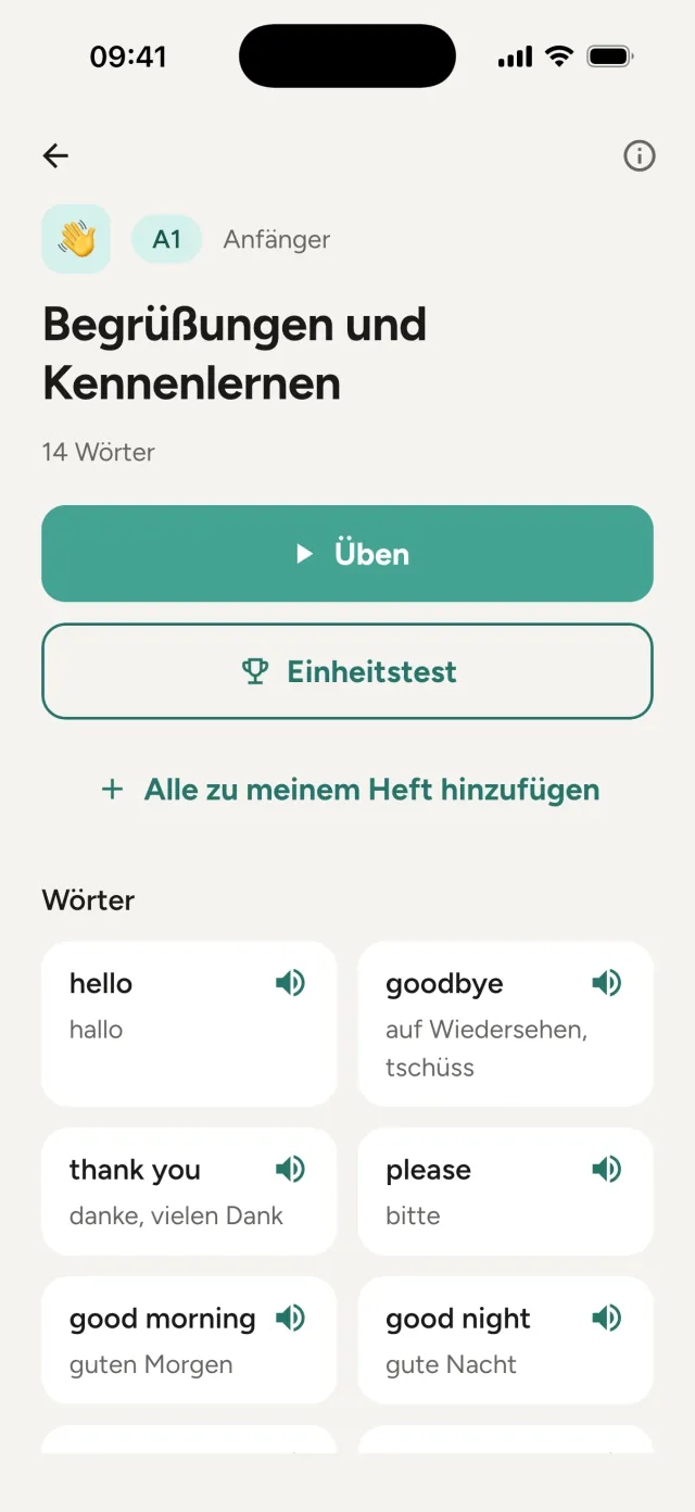 Einheit „Begrüßungen und Kennenlernen“: Üben, Einheitstest und „Alle zu meinem Heft hinzufügen“, darunter die Wörter