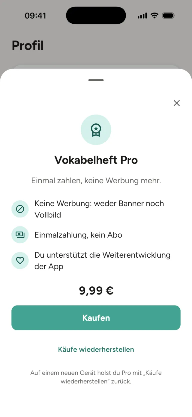 Vokabelheft Pro: einmalige Zahlung, kein Abo