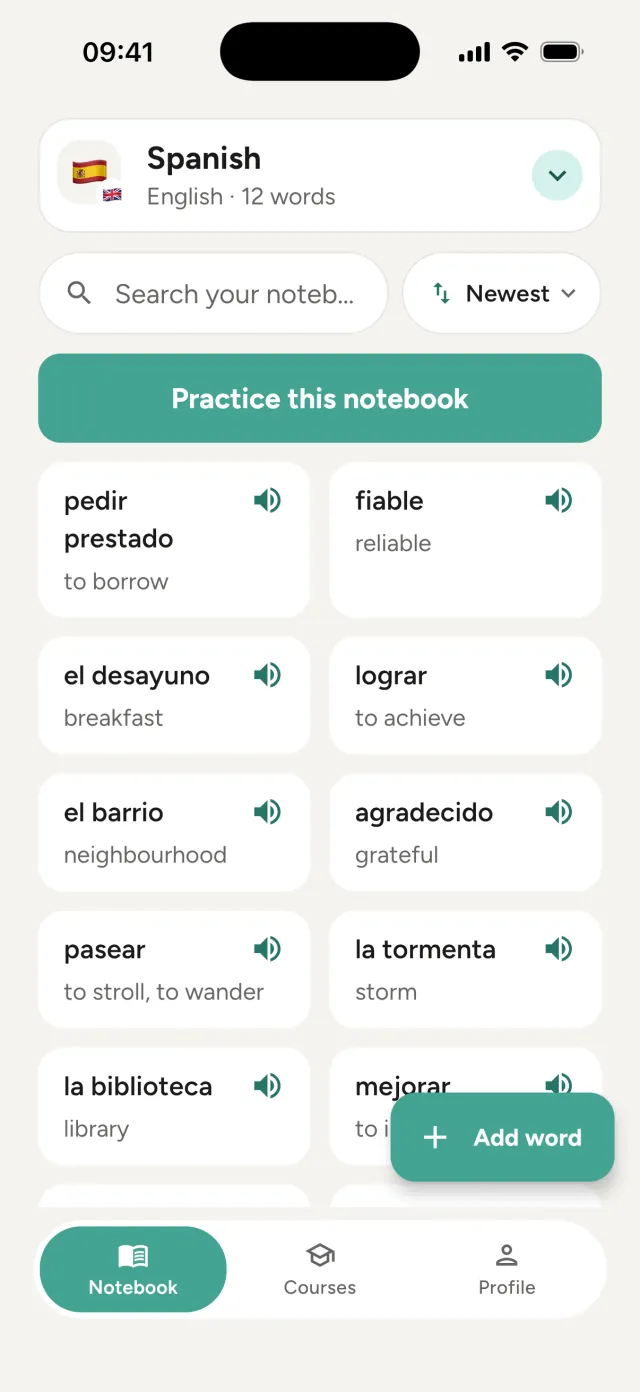 A Spanish notebook in Word Notebook: words such as pedir prestado, fiable and el desayuno with their English meanings
