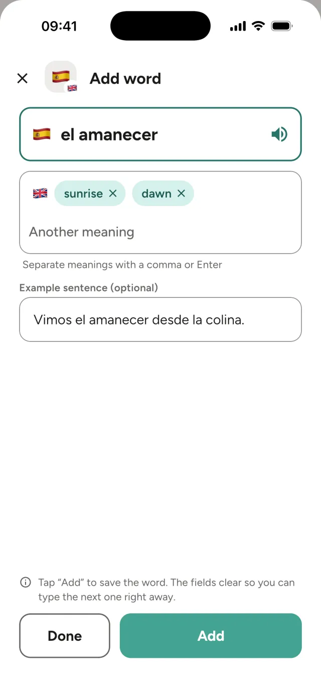 Add word window: el amanecer with the meanings sunrise and dawn, and an example sentence