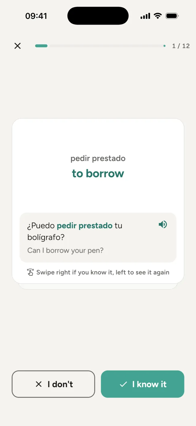 Flashcards: pedir prestado means to borrow, with an example sentence and its translation