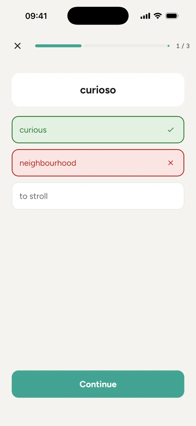 Quiz: answer choices for curioso; the wrong one is red, the right one, curious, is green