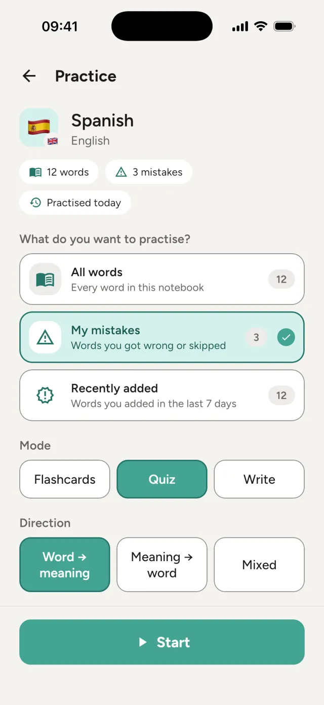 Practice screen: My mistakes selected, with Quiz mode and the word to meaning direction