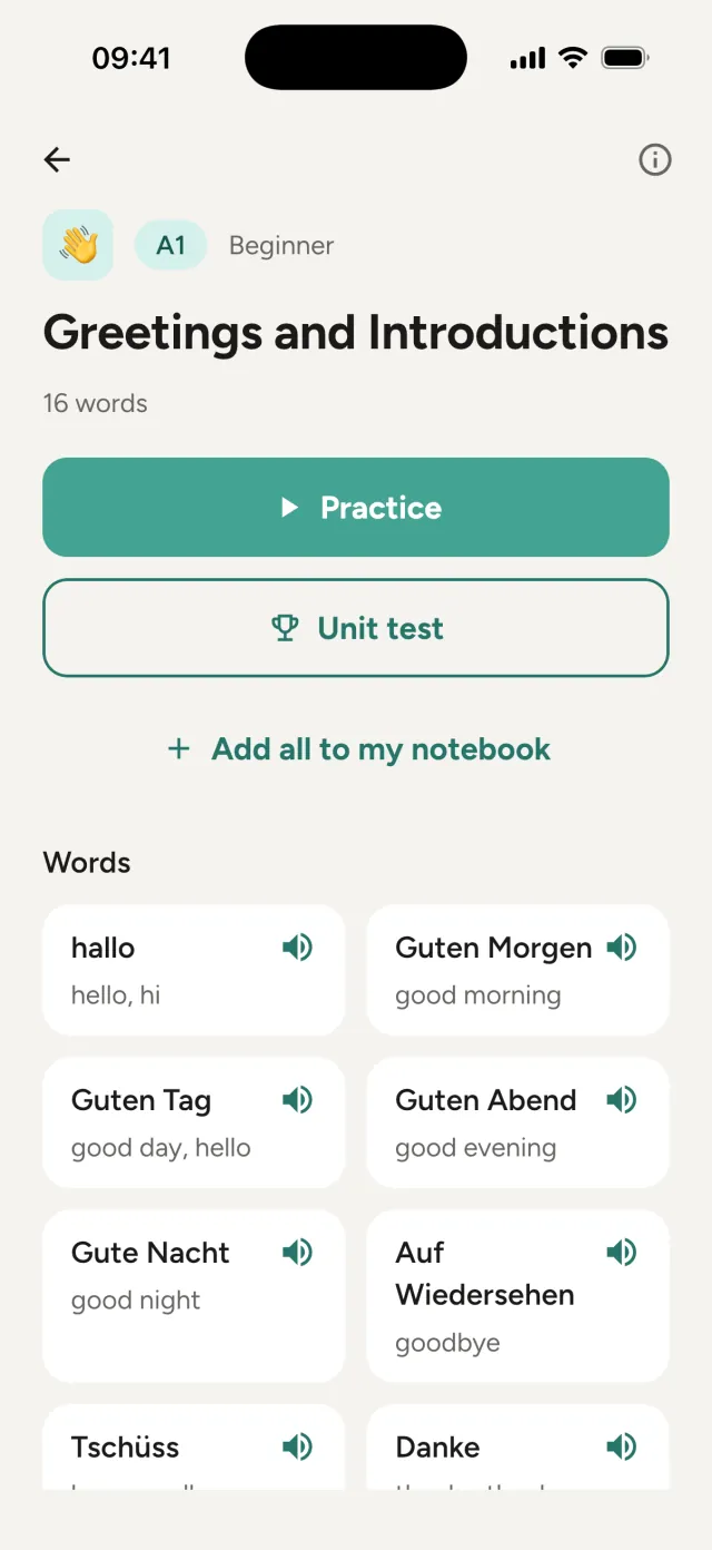 Unit Greetings and Introductions: Practice, Unit test and Add all to my notebook, with the unit's words below