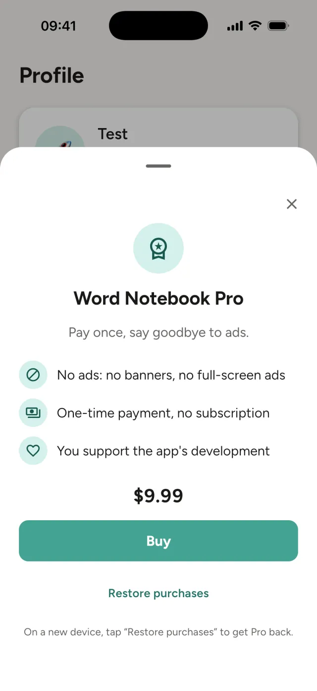 Word Notebook Pro screen: one-time payment, no subscription