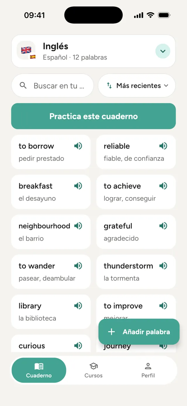 Un cuaderno de inglés en Vocabulario: palabras como to borrow, reliable y breakfast con su significado en español