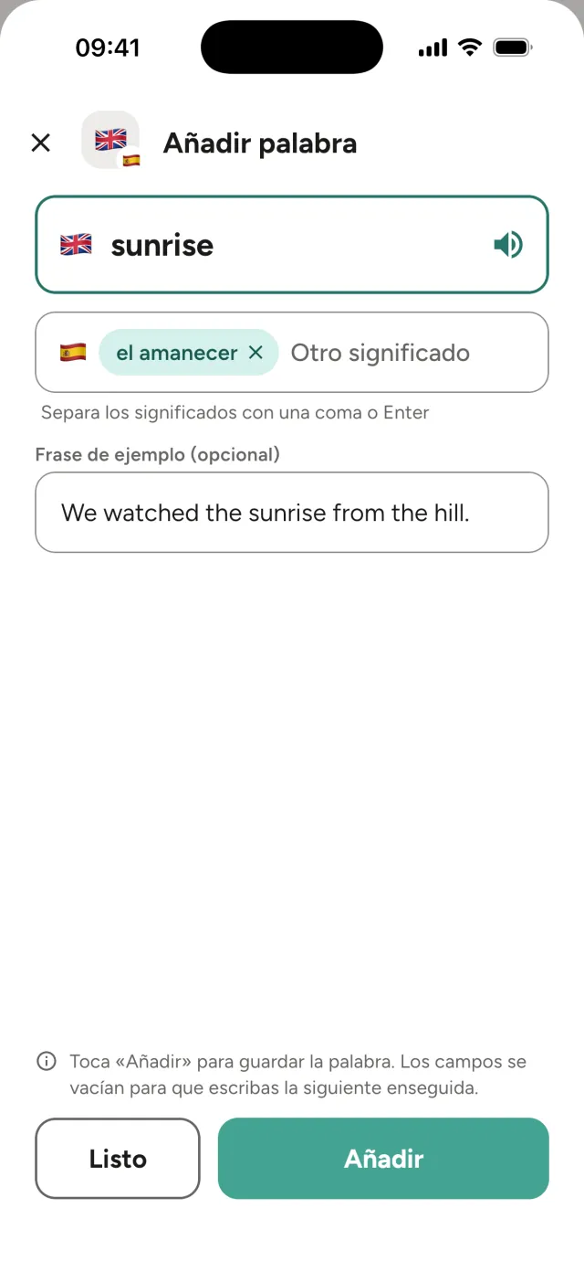 Ventana Añadir palabra: sunrise con el significado el amanecer y una frase de ejemplo