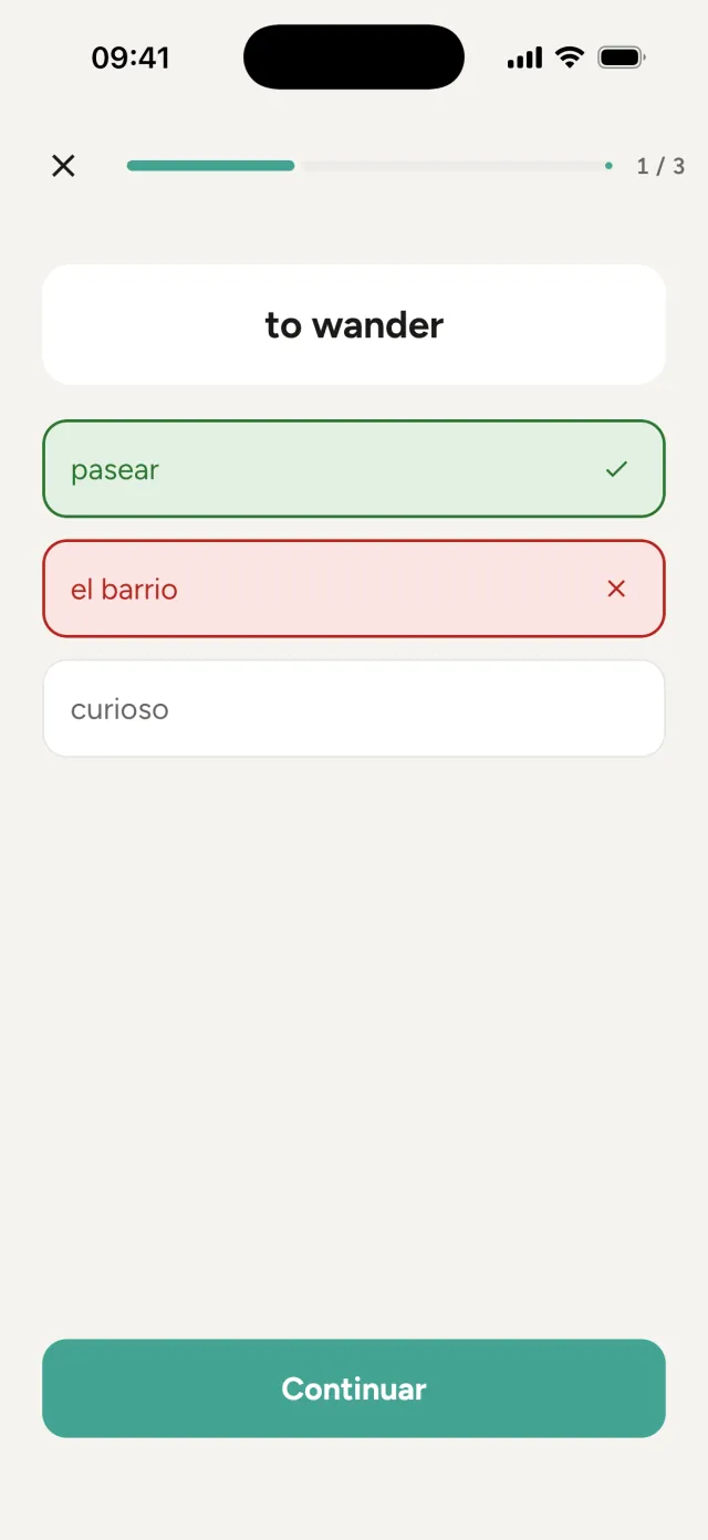 Test: opciones para to wander; la respuesta incorrecta en rojo y la correcta, pasear, en verde
