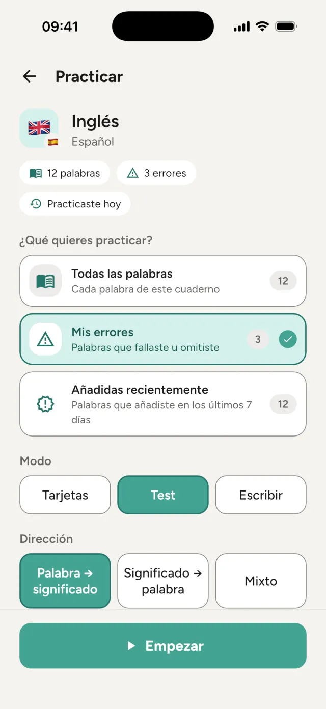 Pantalla Practicar: Mis errores seleccionado, con el modo Test y la dirección palabra a significado