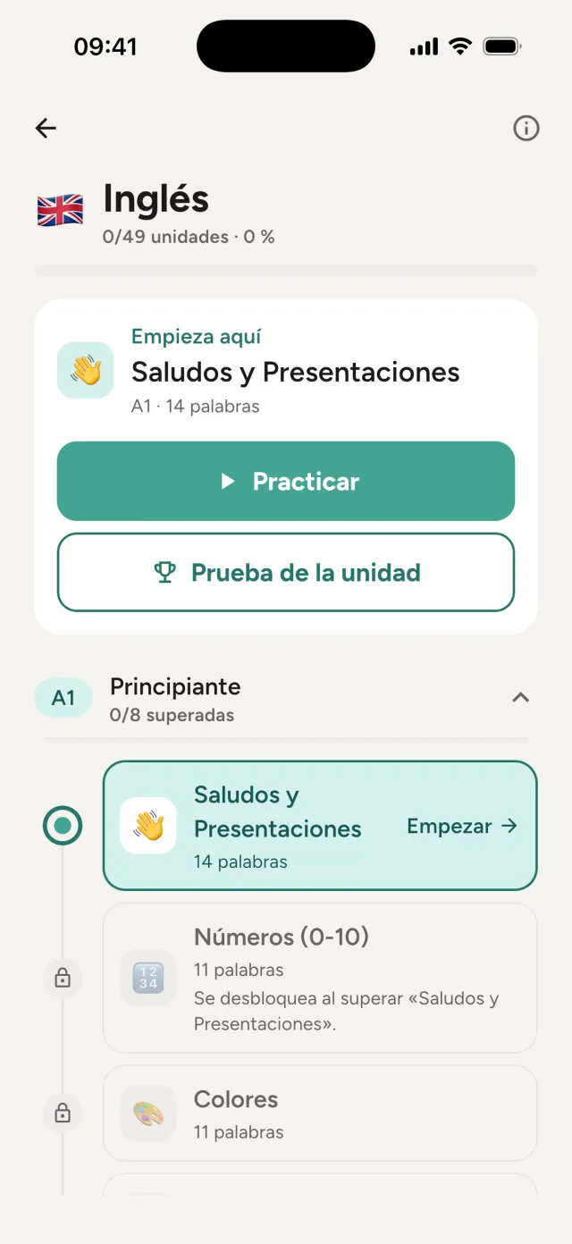 Curso de inglés: nivel Principiante, unidad Saludos y Presentaciones con Practicar y Prueba de la unidad