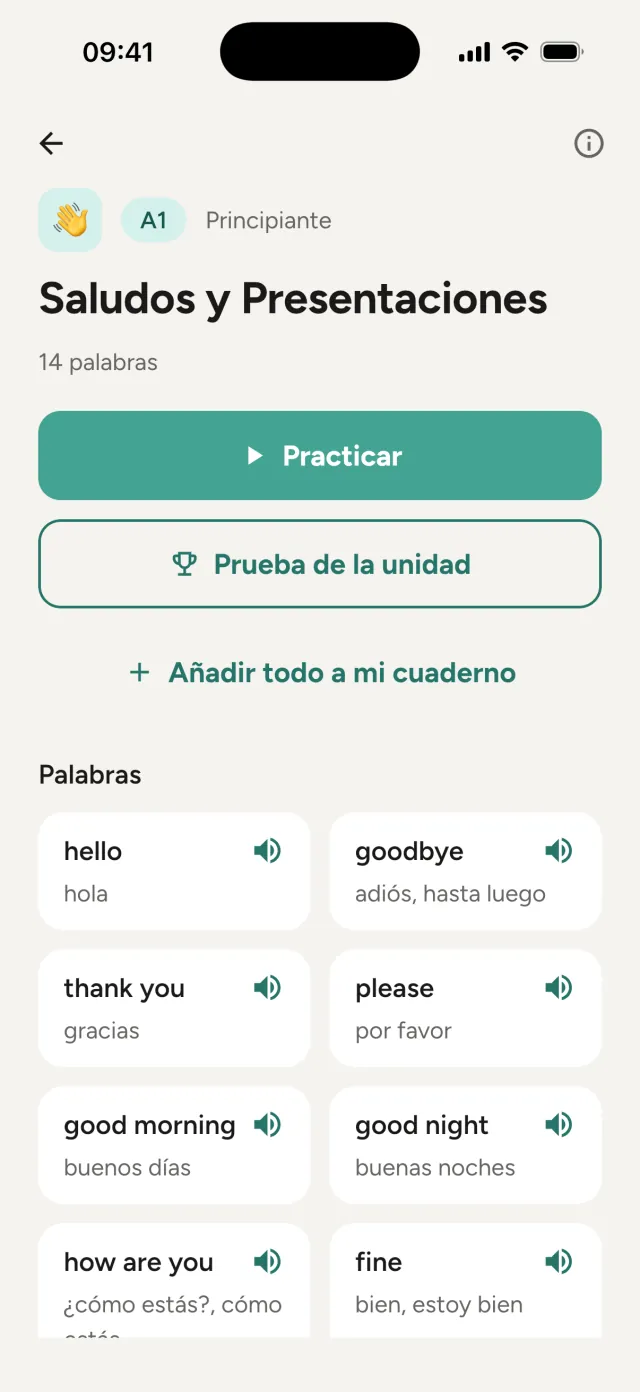 Unidad Saludos y Presentaciones: Practicar, Prueba de la unidad y Añadir todo a mi cuaderno, con sus palabras debajo