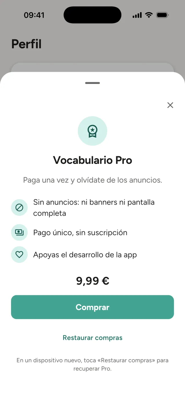 Pantalla de Vocabulario Pro: pago único, sin suscripción