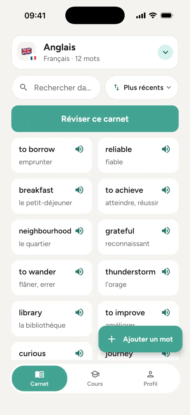 Un carnet d'anglais dans Vocabulaire : des mots comme to borrow, reliable et breakfast avec leur sens en français