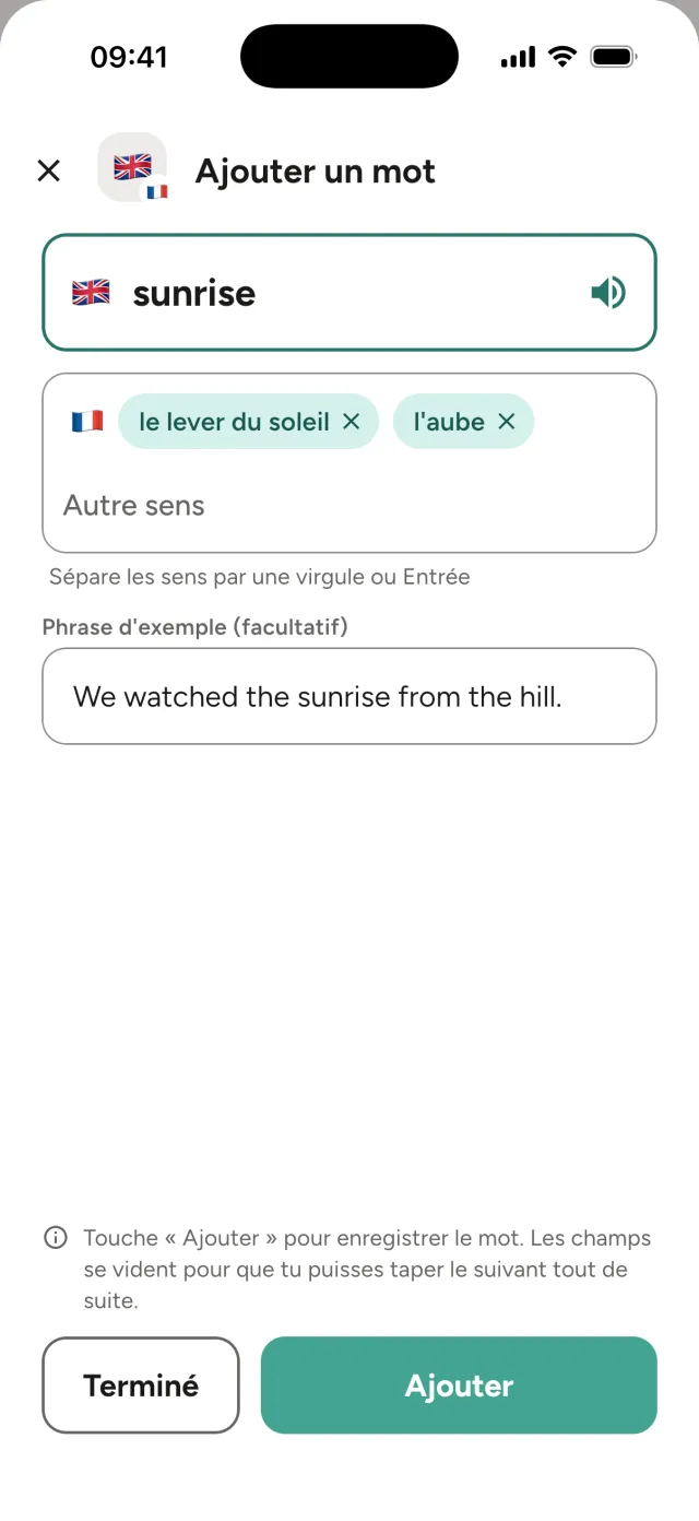 Fenêtre Ajouter un mot : sunrise avec les sens le lever du soleil et l'aube, et une phrase d'exemple
