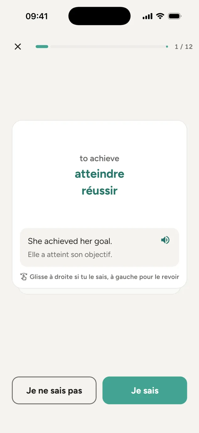 Cartes : to achieve veut dire atteindre et réussir, avec une phrase d'exemple et sa traduction