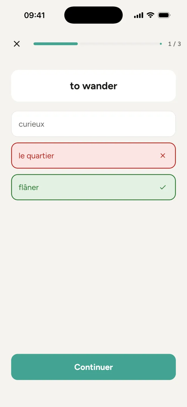 Quiz : choix de réponses pour to wander ; la mauvaise en rouge, la bonne, flâner, en vert