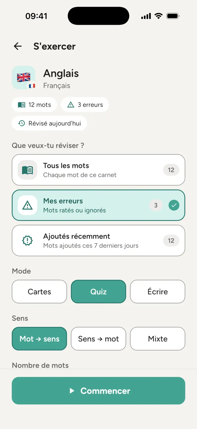 Écran S'exercer : Mes erreurs sélectionné, avec le mode Quiz et le sens mot vers sens