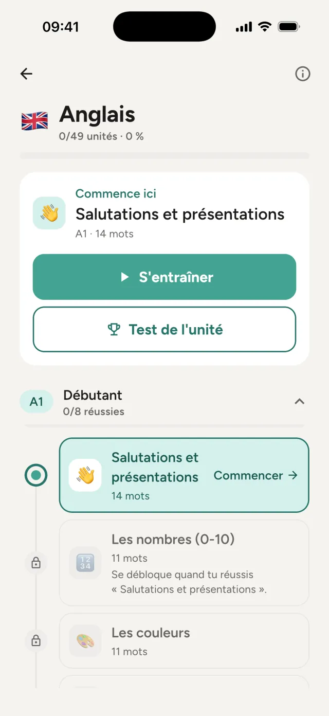 Cours d'anglais : niveau Débutant, unité Salutations et présentations avec S'entraîner et Test de l'unité