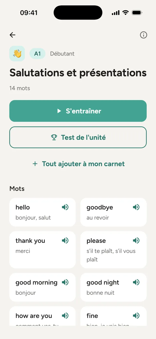 Unité Salutations et présentations : S'entraîner, Test de l'unité et Tout ajouter à mon carnet, avec ses mots en dessous