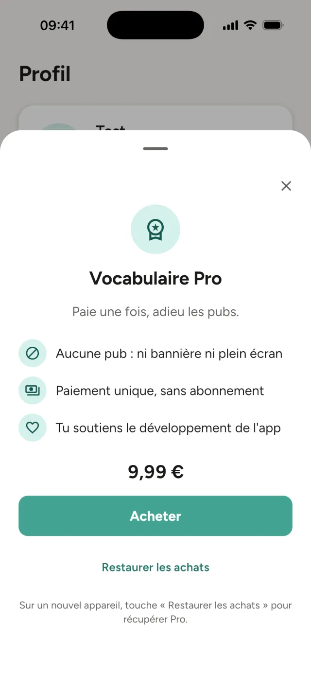 Écran Vocabulaire Pro : paiement unique, sans abonnement
