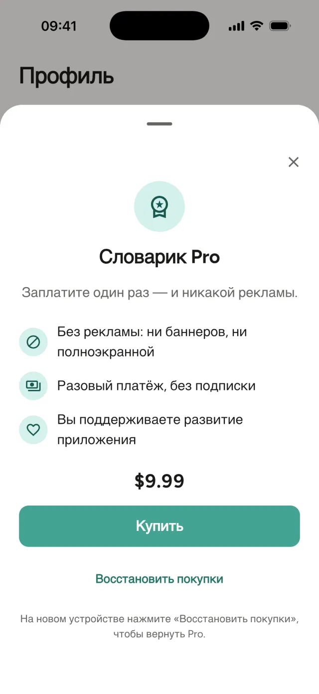 Экран Словарик Pro: разовая оплата, без подписки
