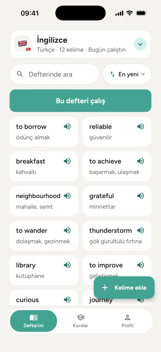 Dil Defteri'nde İngilizce defteri: to borrow, reliable, breakfast gibi kelimeler ve Türkçe anlamları