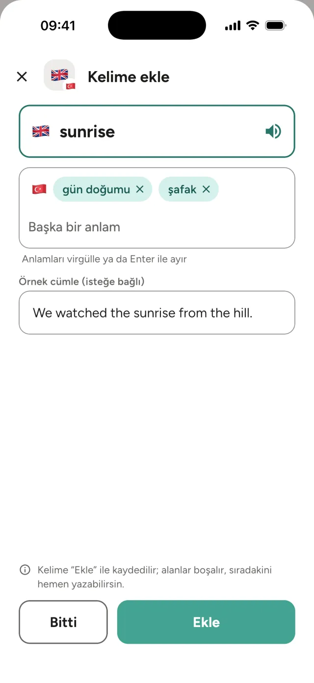Kelime ekle penceresi: sunrise kelimesi, anlamları gün doğumu ve şafak, örnek cümle alanı