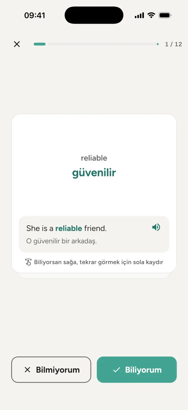 Kartlar modu: reliable kelimesinin anlamı güvenilir ve örnek cümle