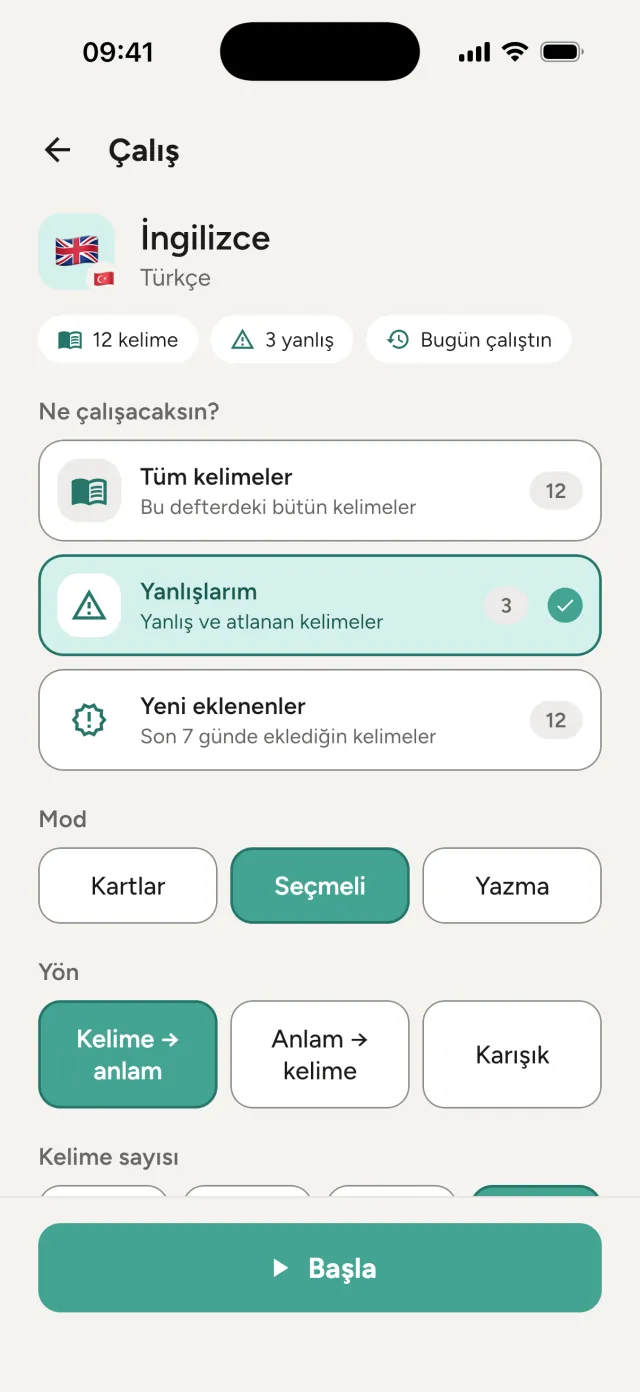 Çalış ekranı: Yanlışlarım listesi seçili, mod ve yön seçenekleri