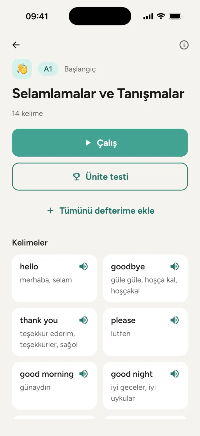 Selamlamalar ve Tanışmalar ünitesi: Çalış, Ünite testi ve Tümünü defterime ekle, altında kelimeler