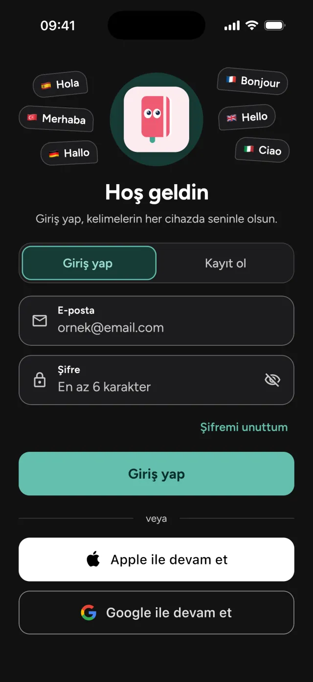 Giriş ekranı: Hoş geldin; e-posta ve şifre, Apple ile devam et, Google ile devam et