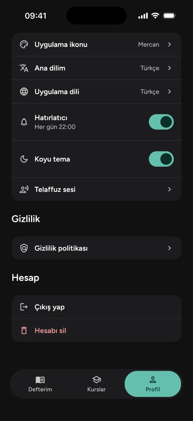 Koyu temada Profil: uygulama ikonu Mercan, hatırlatıcı her gün 22:00, koyu tema açık