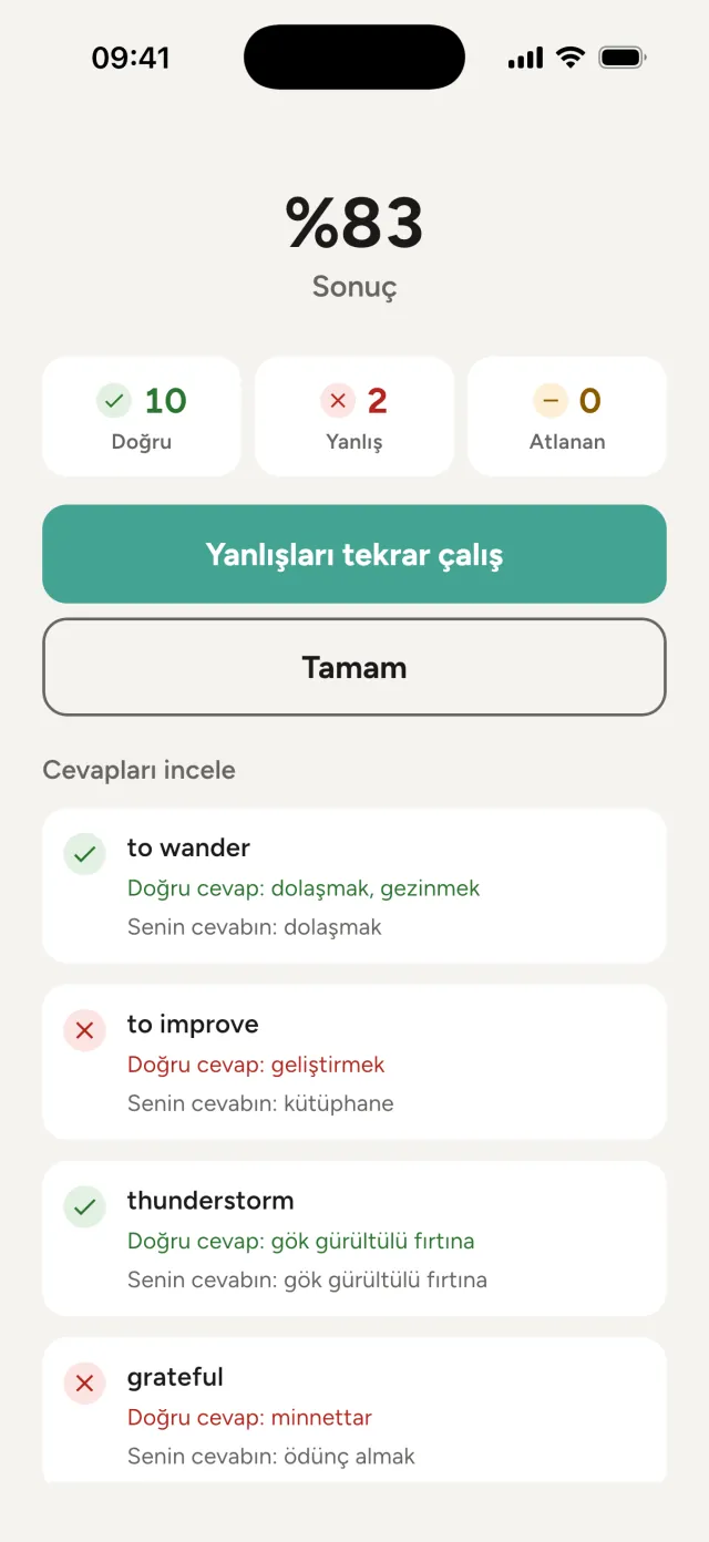 Sonuç ekranı: yüzde 83, 10 doğru, 2 yanlış; cevapların tek tek listesi