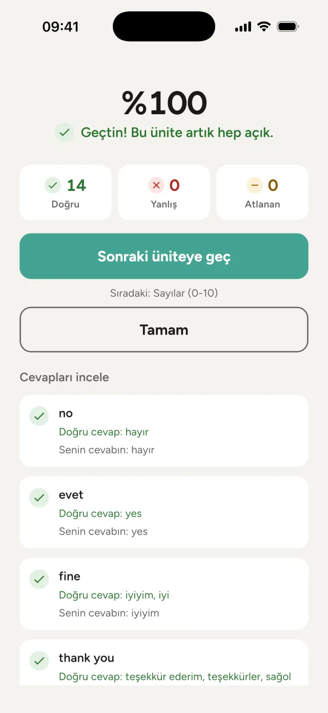 Ünite testi sonucu yüzde 100: Geçtin! Bu ünite artık hep açık