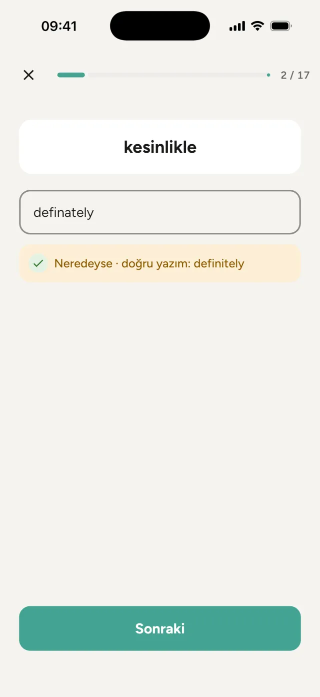 Yazma: kesinlikle için definately yazılmış; uygulama neredeyse doğru diyor ve doğru yazımı gösteriyor: definitely